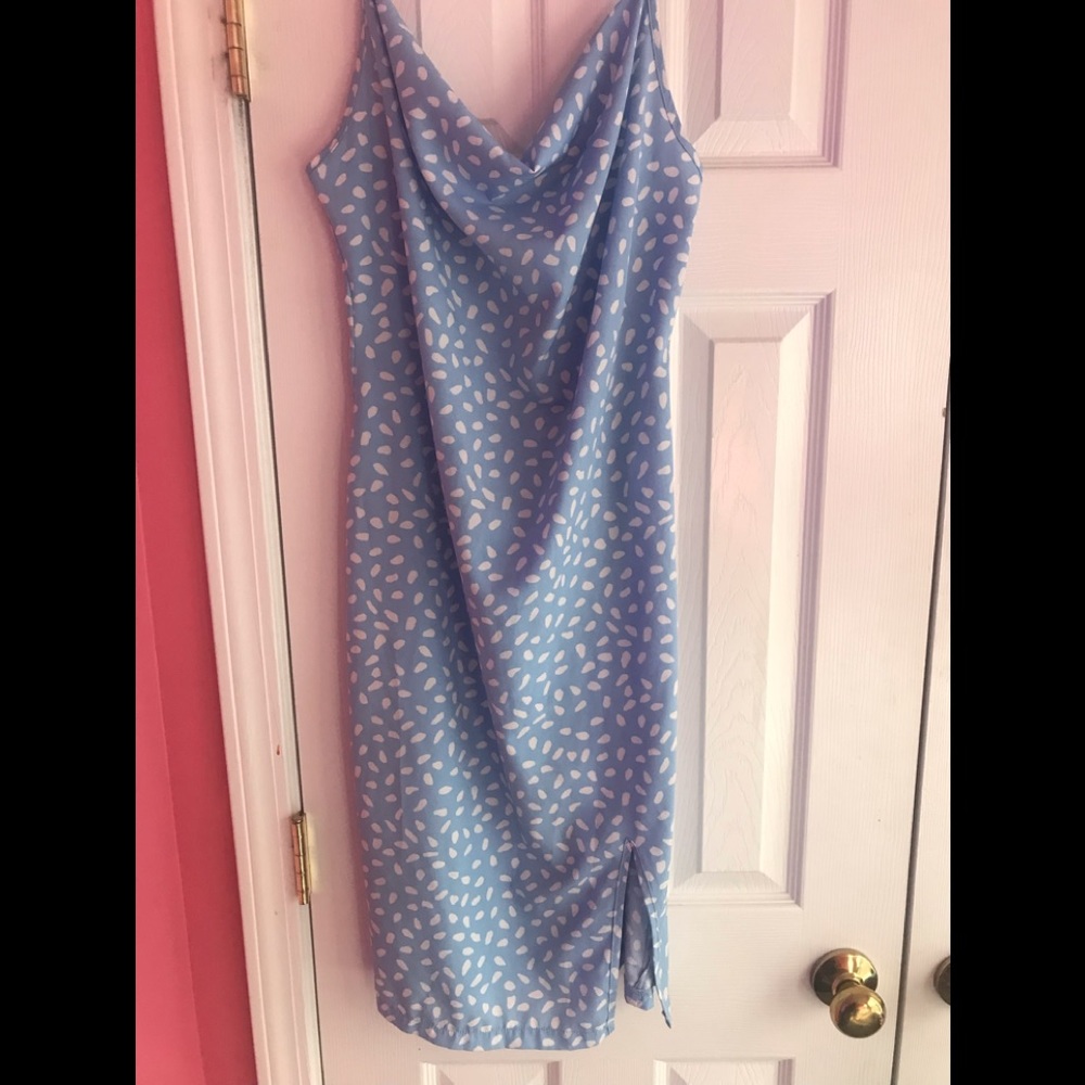 Blue polka dot dress.